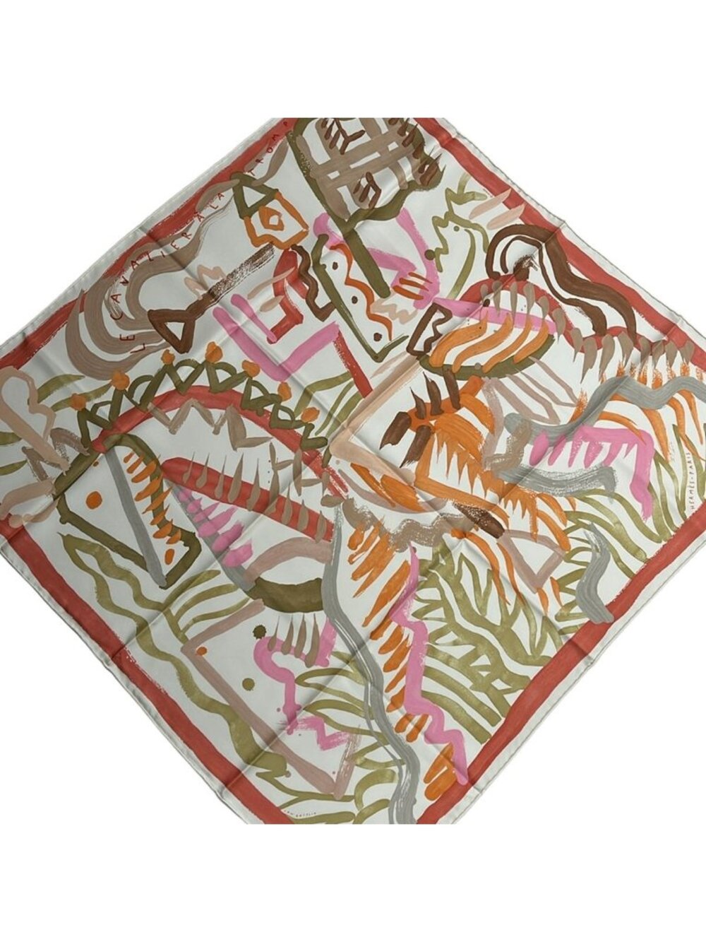 Hermes Scarf Carre 90 Ivory Pink Multi le Cavaliere a la Trompette